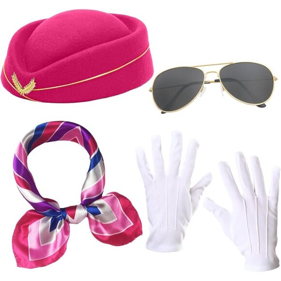 Women’s Flight Attendant Costume Accessory Set Hat Scarf Gloves Sunglasses